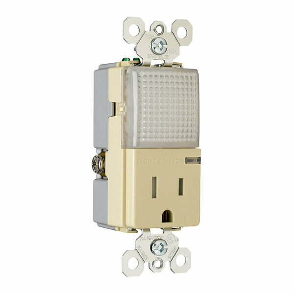 Pass & Seymour TM8HWLTRICC6 Hallway Light and Receptacle, 2 -Pole, 125 V, 15 A, Back and Side Wiring, Ivory N100-383
